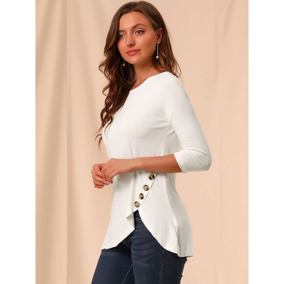 3/4 Sleeve Round Neck Button Decor Stretchy Tunic Tops White - Picture 4 of 6